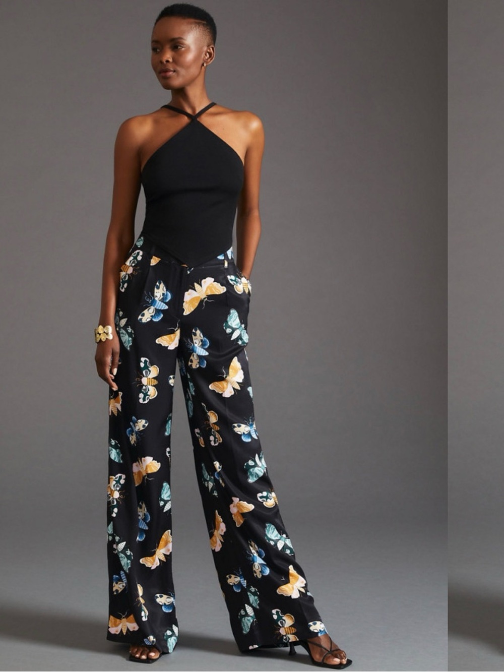 Maeve Black Wide-Leg Butterfly Print Pants